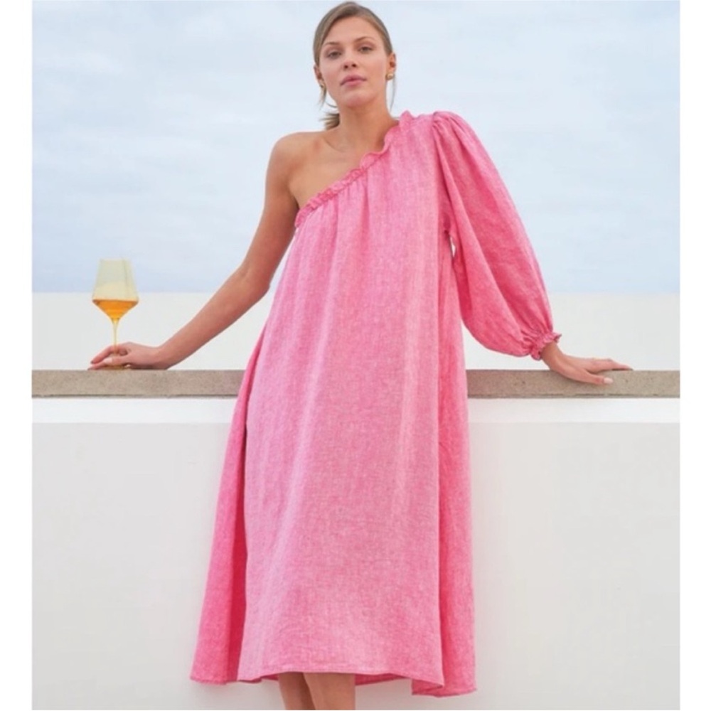 New LAKE Milly one-shouldered midi dress XL Quiet Luxury Resort Wear Linen